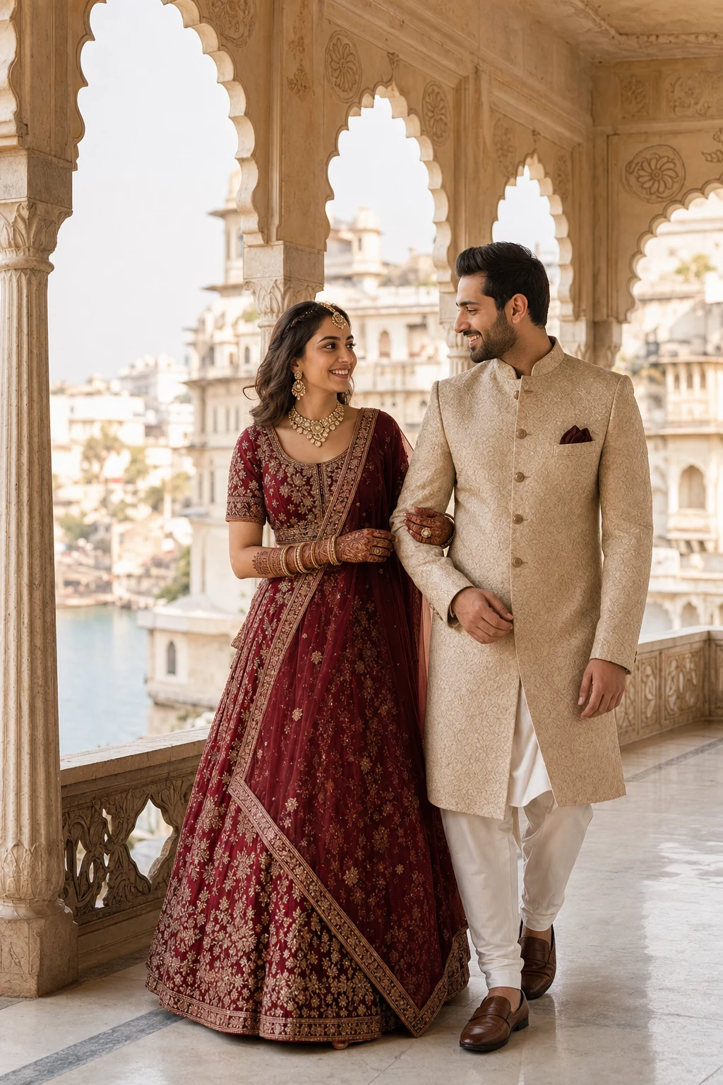 Indian couple on a Udaipur palace terrace in jewel-tone outfits