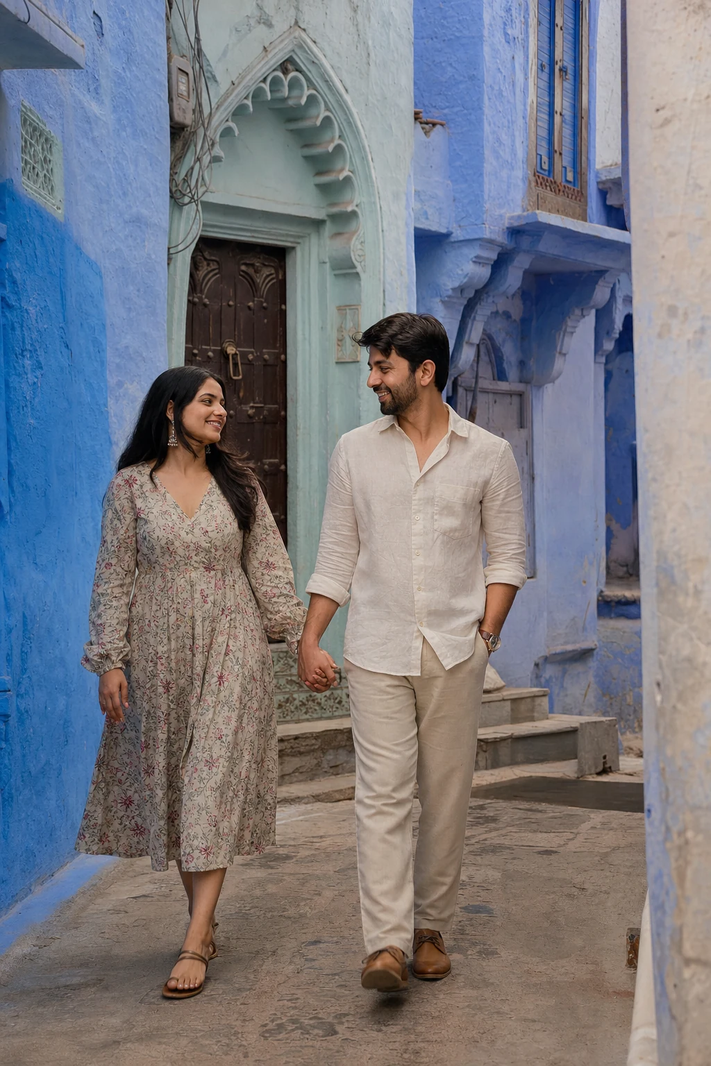 Indian couple walking through a blue-painted lane in Udaipur