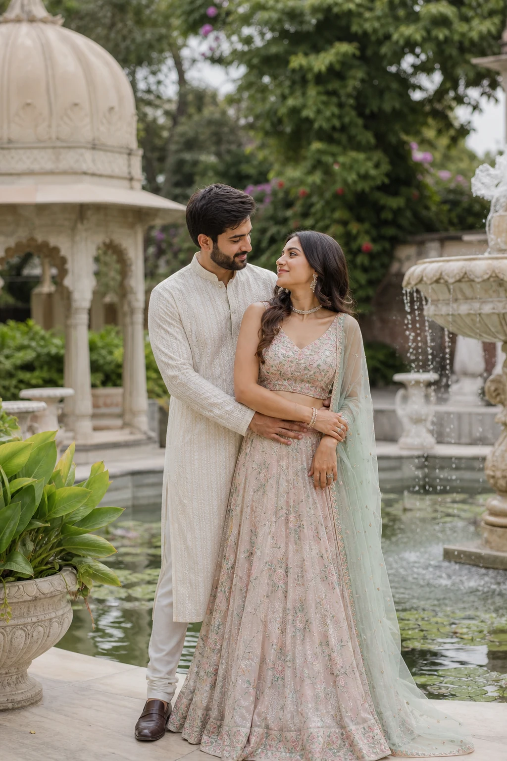 Indian couple in Saheliyon Ki Bari inspired garden for pre-wedding portraits